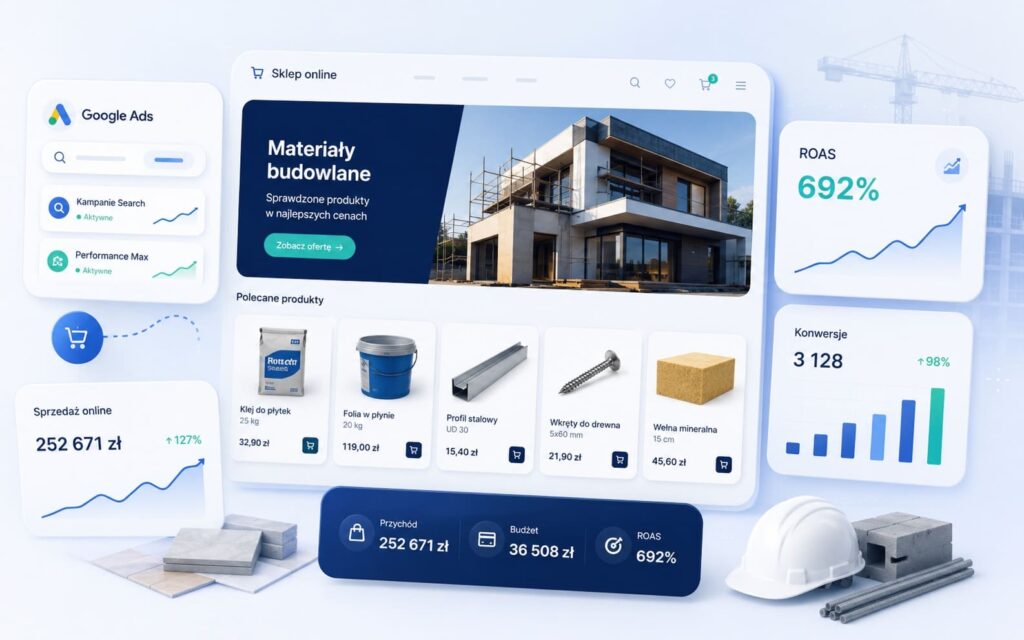 Sklep internetowy z materiałami budowlanymi wspierany kampaniami Google Ads z ROAS 692%